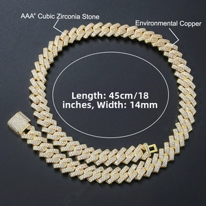 Detail view of 14mm golden Cuban link necklace with cubic zirconia stones and dimensions