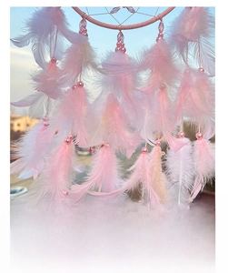 Detailed view of pink and white dream catcher feathers with beads for room decoration