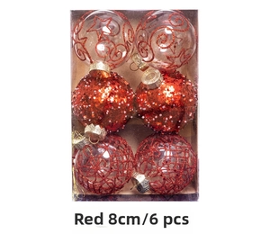 Set of 6 red 8cm Christmas ornaments with sequins and patterns in clear box