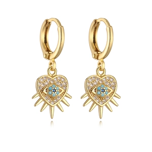 18K gold plated heart evil eye drop earrings with blue zircon and sunburst spikes