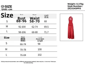 Detailed size chart for halter top and slit skirt set with chest and waist measurements