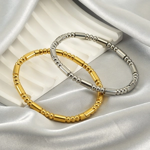 Minimalist Stainless Steel Bangle For Women Retro Geometric Bead And Tube Jewelry Elegant 18K Gold Plated Bracelet