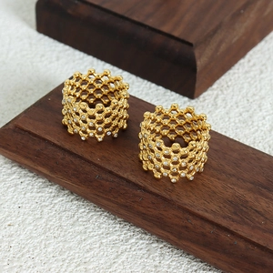 French vintage hollow grid 18K gold plated titanium steel ring with Czech crystals