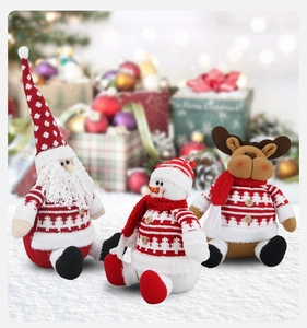 Detailed plush Christmas figurines set featuring Santa, Snowman, and Reindeer on snow