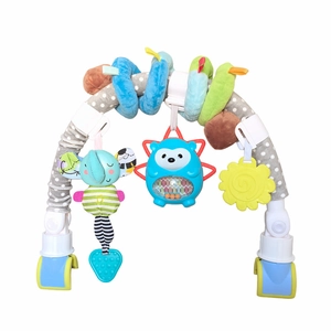 Detail of baby stroller arch toy featuring plush blue elephant with soft teether