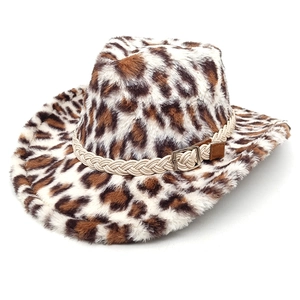 Plush leopard print western cowboy hat with rope band and metal buckle for winter