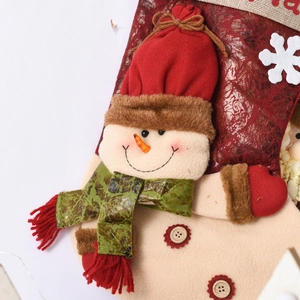 Close-up of Christmas stocking with plush snowman detail and festive red fabrics