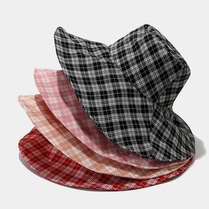 Set of four colorful plaid wide brim sun hats for women in black, pink, orange and red