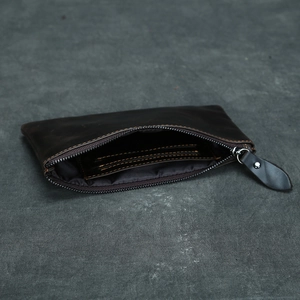 Internal view of dark brown crazy horse leather wallet with zipper and card slots
