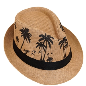 Chapeau de paille pour hommes et femmes avec broderie de palmier noir et ruban chic