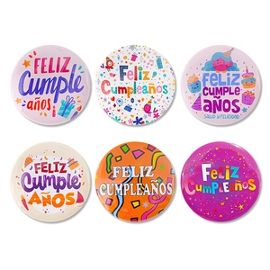 Set of 6 Spanish Feliz Cumpleaños tinplate badges for birthday party decorations