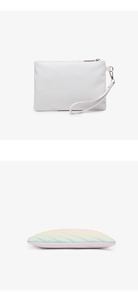 Detail view of white wristlet wallet with rainbow gradient side and quilted PU leather