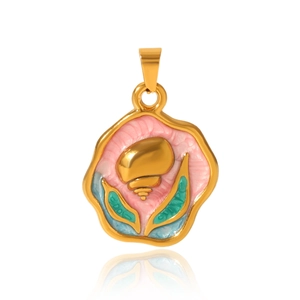 Detailed view of gold-plated pink enamel flower pendant with blue-green leaves