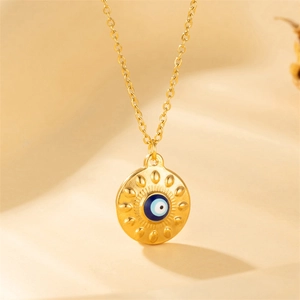 Evil Eye Pendant Necklace Stainless Steel Round Sunburst Blue Enamel Oil Drop Boho Fashion Jewelry For Women
