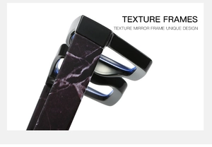 Close-up of black eyeglass frames featuring unique purple marble texture on the temples