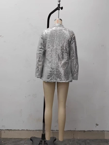 Detailed back view of a sparkling silver sequin blazer featuring elegant long sleeves