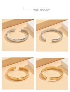 Detailed tile display of hammered texture on gold and silver stainless steel open bangles