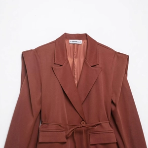 Caramel casual blazer with tiered shoulder pads and waist tie belt on white background