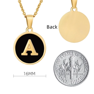 18K gold plated stainless steel letter A necklace with black enamel inlay, 16mm pendant