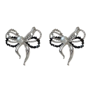 Elegant silver bow earrings with black beads and white pearls in a minimalist design
