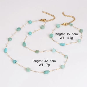 Light green stone necklace and bracelet set in gold finish with product dimensions