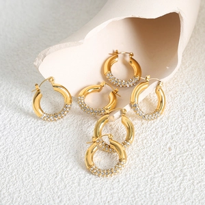 Elegant gold plated stainless steel hoop earrings with micro-pave cubic zirconia crystals