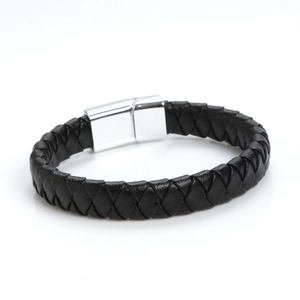 Men's vintage braided leather bracelet with a polished silver magnetic metal clasp