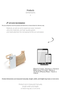 Size comparison of beige woven shoulder bag with iPad and iPhone showing dimensions