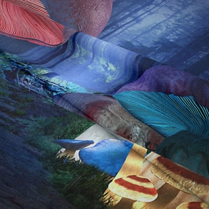 Macro shot of bohemian mushroom tapestry showing detailed forest prints and soft fabric texture