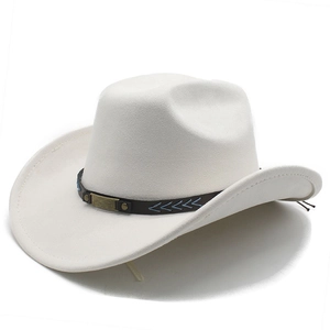 Classic white faux suede cowboy hat with wide brim and decorative brown leather band