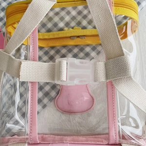 Kids transparent jelly backpack with yellow zipper and white buckles shown from back view