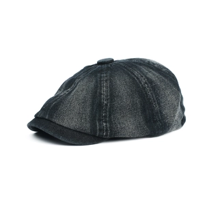 Washed dark gray denim newsboy hat with a retro multi-panel design and short brim