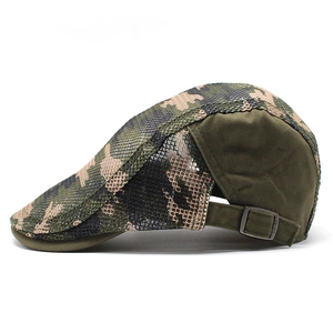 Summer camo mesh newsboy hat with breathable panels and adjustable buckle