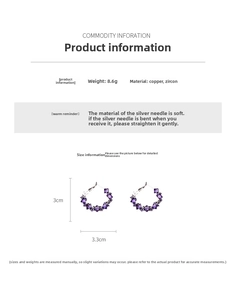 Detail view of purple zircon earrings with dimensions 3cm height and 3.3cm width