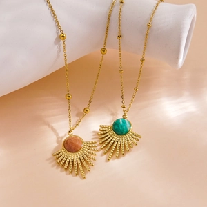 French vintage gold sunburst pendant necklaces with orange and turquoise natural stones