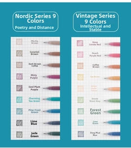 Detail view of 18 Nordic and retro colored gel pens for journaling and note-taking