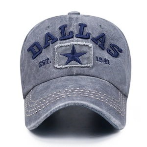 Vintage washed grey baseball cap with 3D Dallas embroidery and star patch details