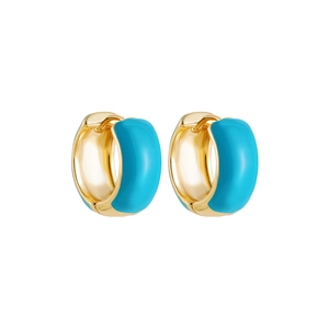 Macro detail of sky blue enamel coating on gold hoop earrings with glossy finish