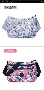 Detail of multi-pocket nylon shoulder bags in grey polka dot and pink camo patterns
