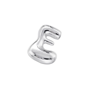 Polished silver bubble initial E pendant with a shiny metallic mirror finish texture