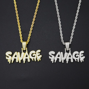 Hip Hop SAVAGE Γράμμα Μενταγιόν Κολιέ για Άνδρες Γυναίκες Στρας από Κράμα Iced Out Αλυσίδα Σχοινί Κοσμήματα Χρυσό Ασημί