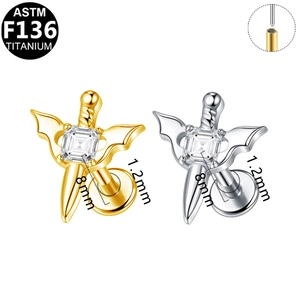 Piercing labret in titanio F136 a forma di spada e cuore con zircone, 1.2x8mm