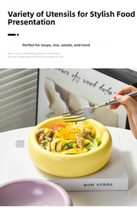 Detail shot of a yellow ceramic salad bowl with food and stainless steel fork