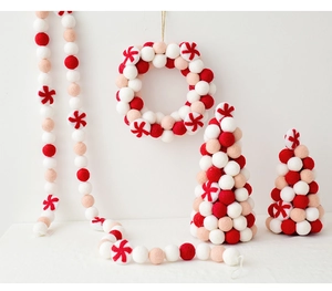 Handmade red and white wool felt Christmas tree ornaments and pom pom garland set