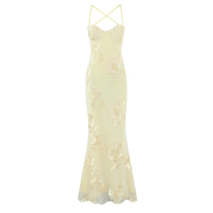 Pale yellow fishtail maxi dress with 3D floral embroidery and lace-up back detail