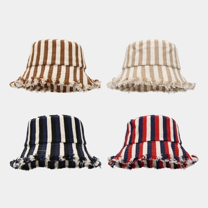 Striped Cotton Bucket Hat Fringed Raw Edge Sun Protection Casual Retro Fisherman Cap For Women