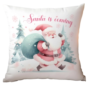 Detail of watercolor Santa Claus illustration and 'Santa is coming' text on square pillowcase