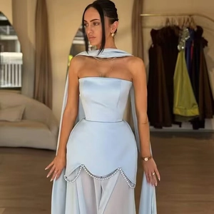 Elegant Satin Patchwork Maxi Dress With Artificial Pearl Trim And Scarf Halter Neck Strapless Evening Party Gown For Women