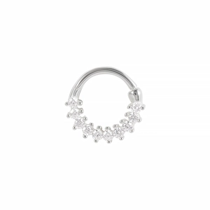 Detail of S925 sterling silver hoop ring with sparkling cubic zirconia inlay and hinge