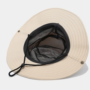 Beige wide brim outdoor sun hat with breathable mesh lining and adjustable wind rope
